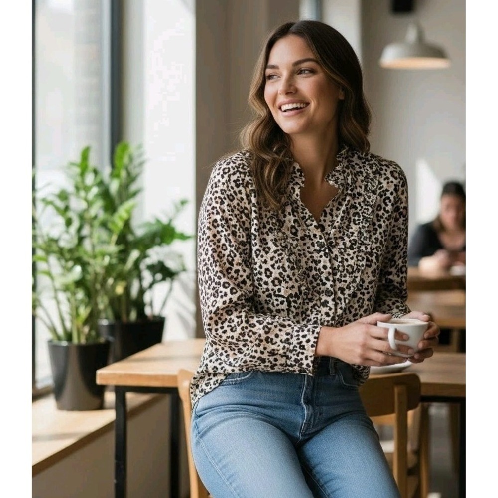 Anthropologie Maeve Leopard Print Ruffle Neck Top Boho Chic Indie Maximalist 4 - Picture 2 of 9